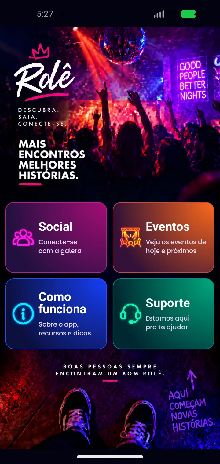 Tela inicial do aplicativo Rolê, em desenvolvimento