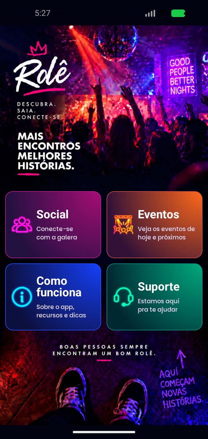 Tela inicial do aplicativo Rolê, em desenvolvimento